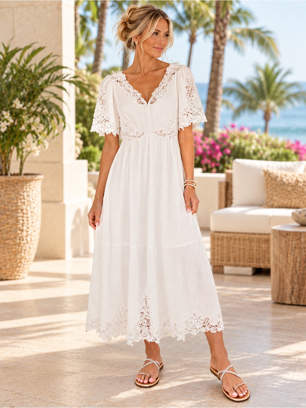 Elegant White Lace V-Neck Midi Dress